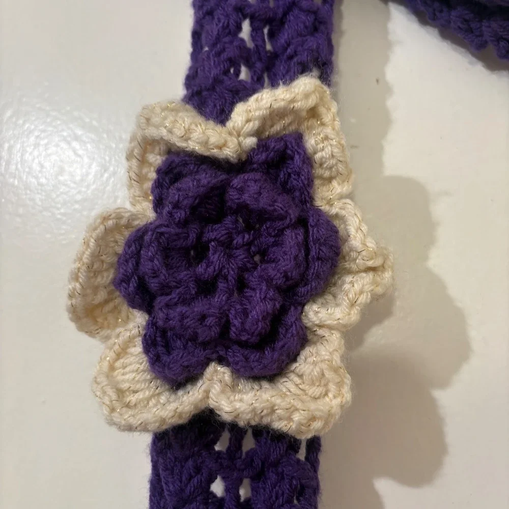 Y2K Purple White Extra Long Skinny Scarf 3D Flower Fringe Girlhood Maximalist